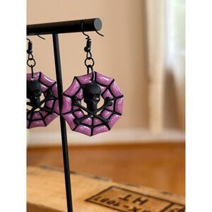 Purple Spiderweb Skull Crossbones Polymer Clay Earrings Spooky Season Halloween